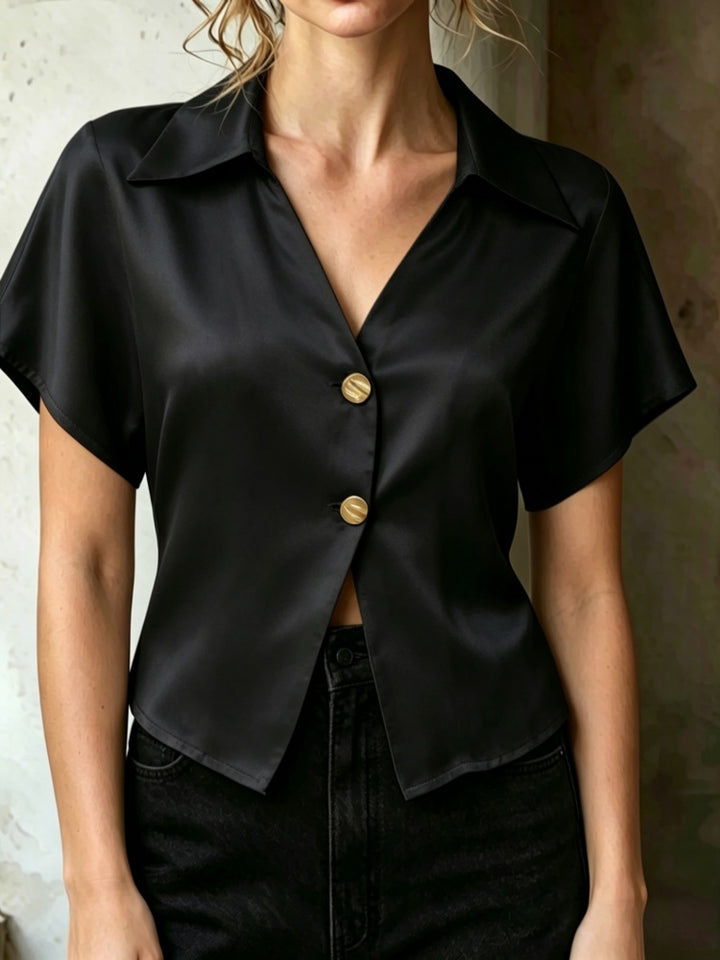 Satin V-Neck Button-Down Short Sleeve Blouse
