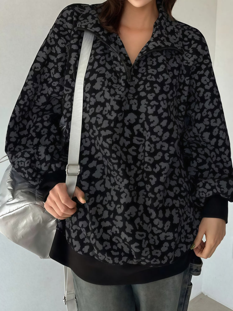 Leopard Print Corduroy Half-Zip Pullover