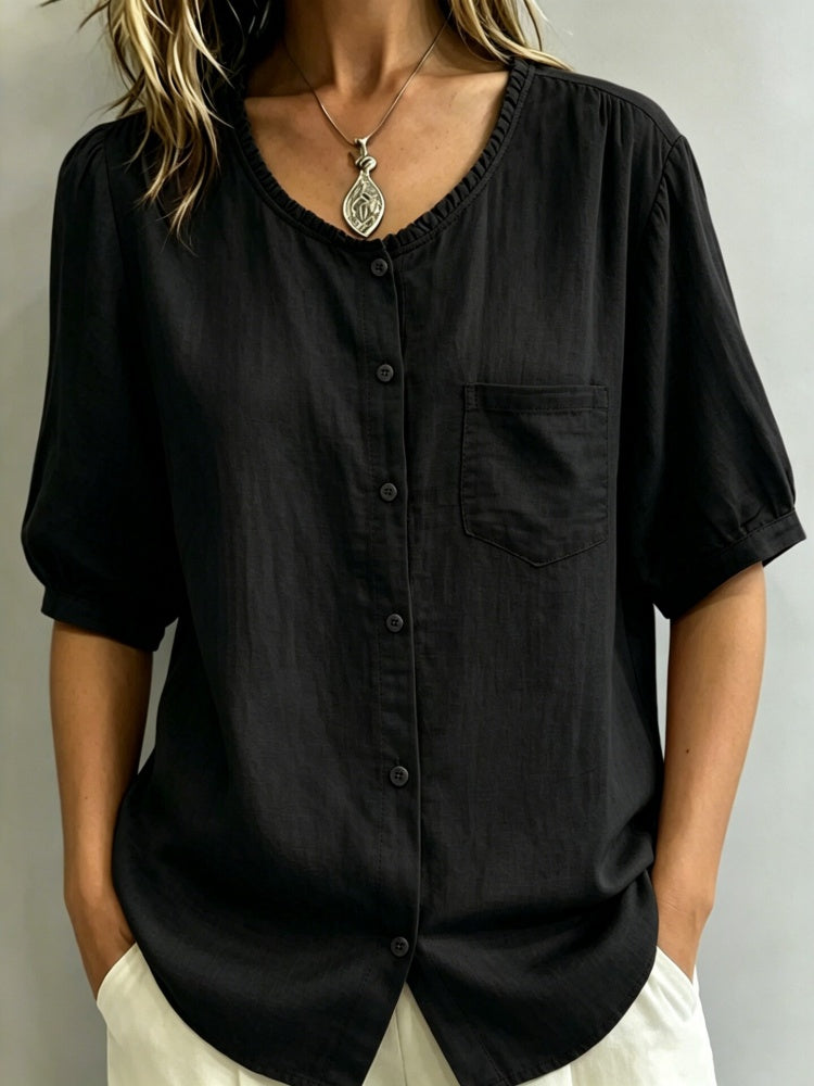 Linen Blend Ruffled Neck Puff Sleeve Button-Down Blouse