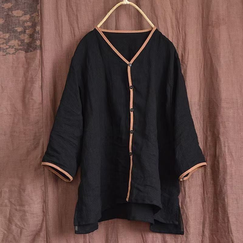 Contrast Piping V Neck Cotton Open Front Shirt