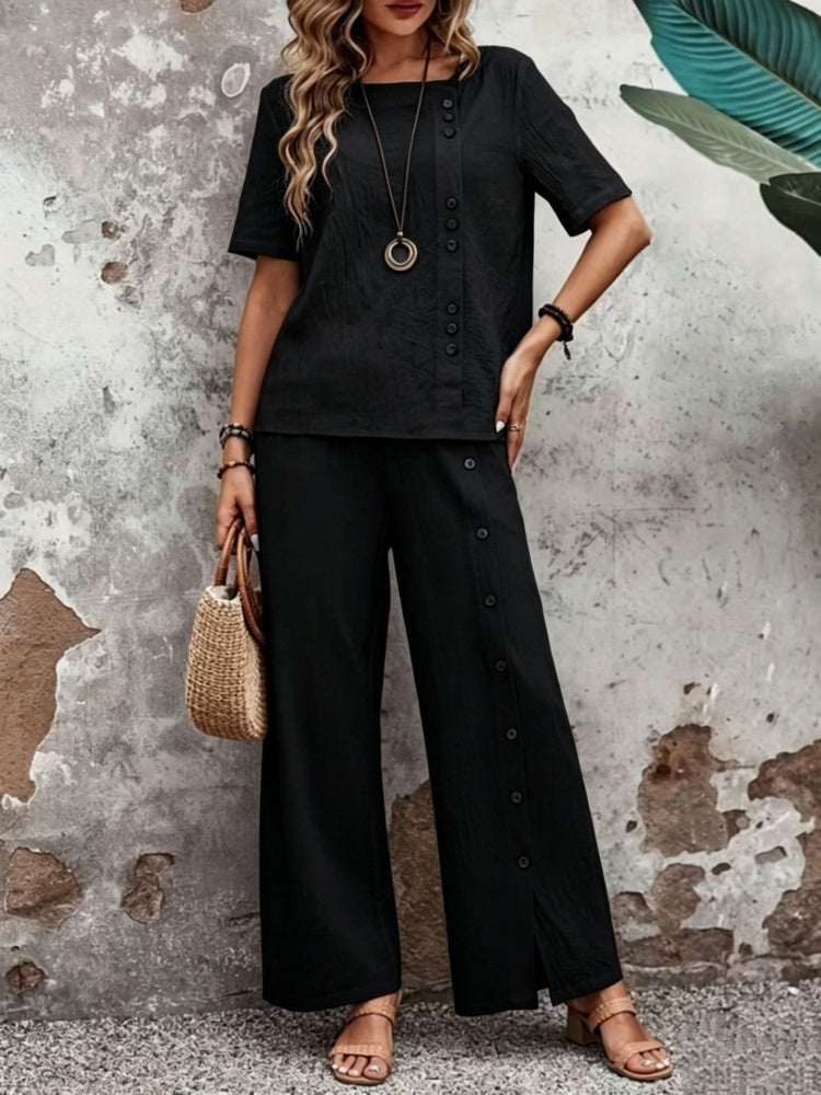 Cotton Linen Two-Piece Set - Button Detail Short Sleeve Top &amp; Wide Leg Pants
