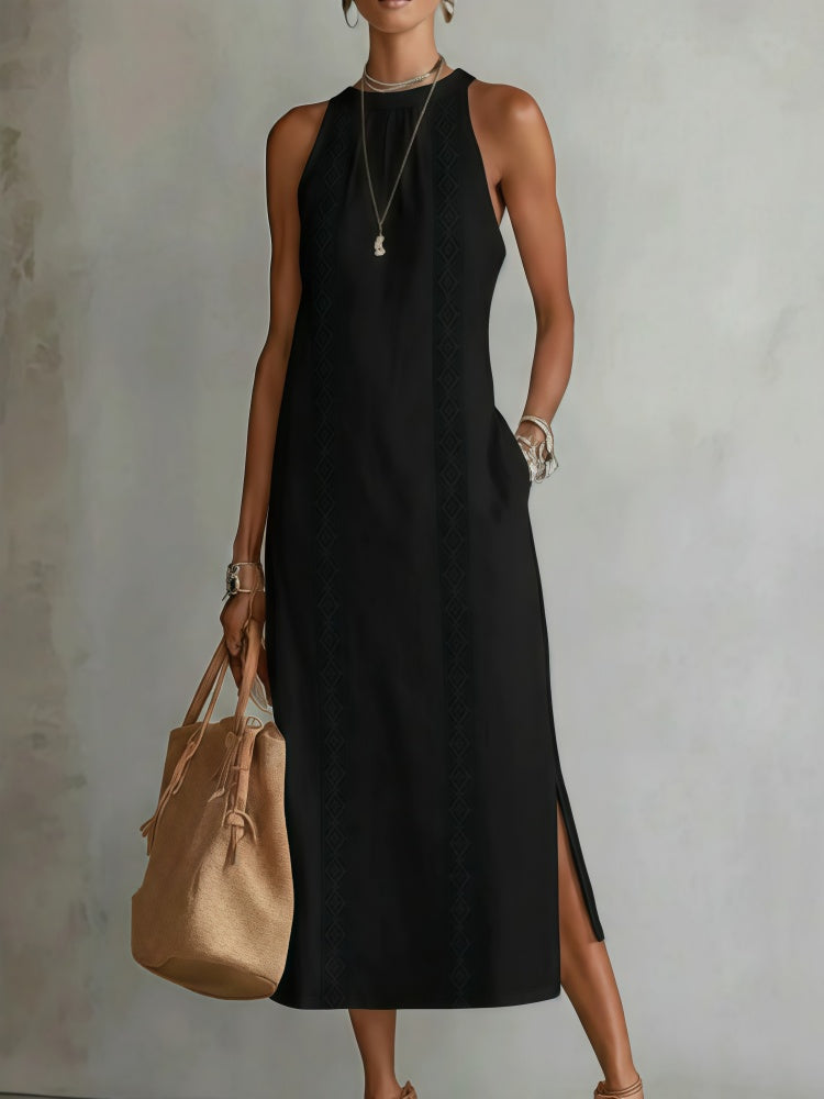 Lace-Trimmed Linen-Blend Halter Neck Midi Dress