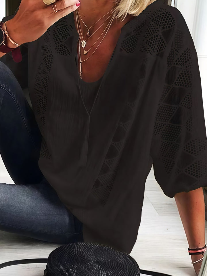 U-Neck Tassel Tie Hollow Lace Patch Blouse