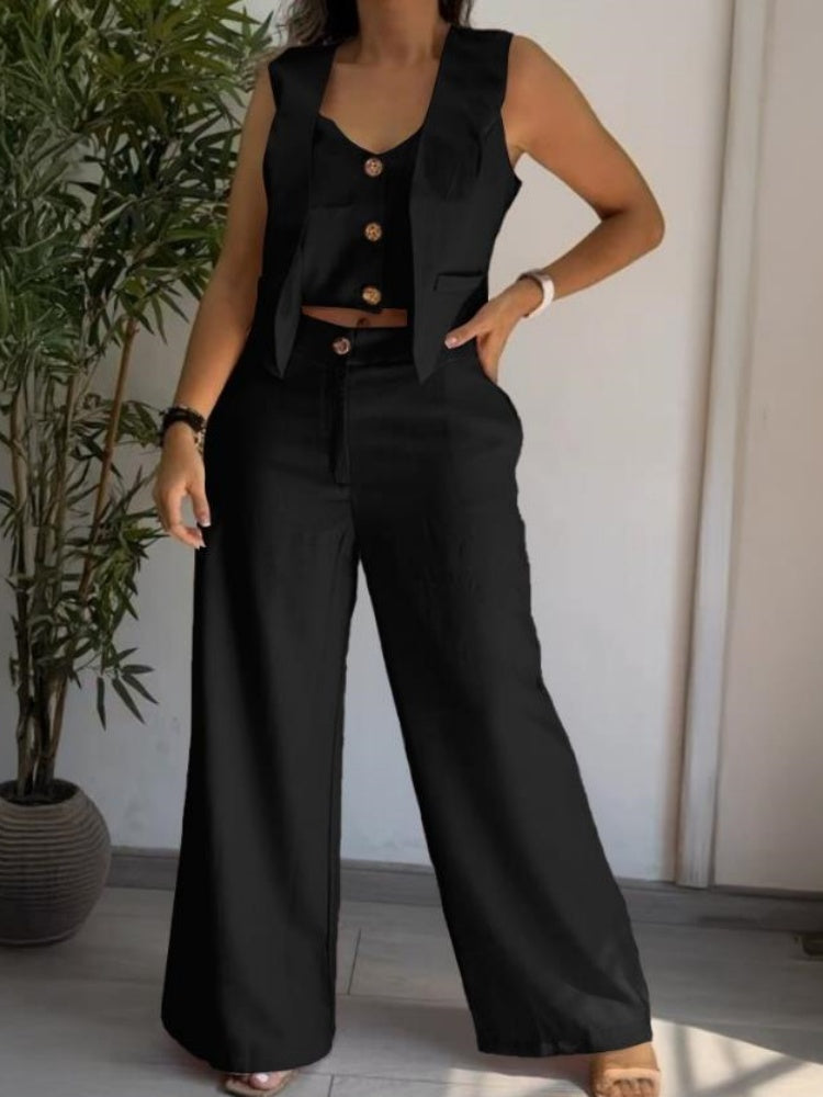 Sleeveless Button Vest &amp; Wide Leg Pants Set