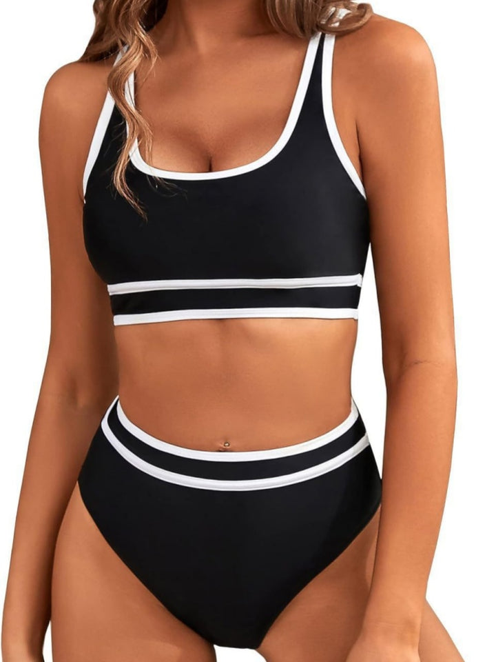 Contrast Trim Stripe High Waisted Bikini Set