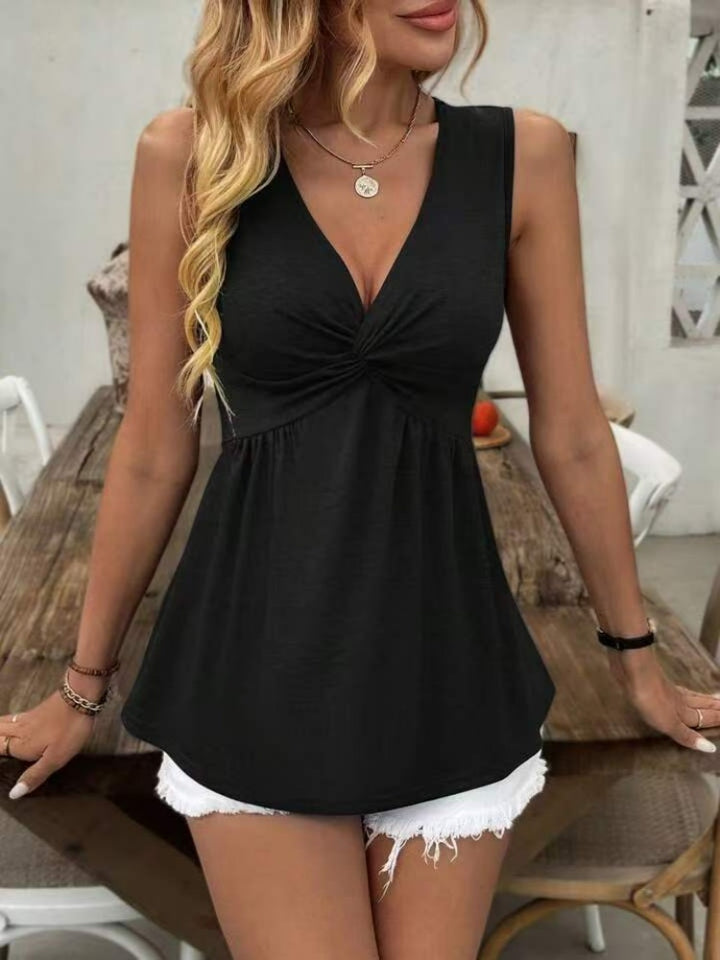 Twist-Front V-Neck Sleeveless A-Line Tank Top