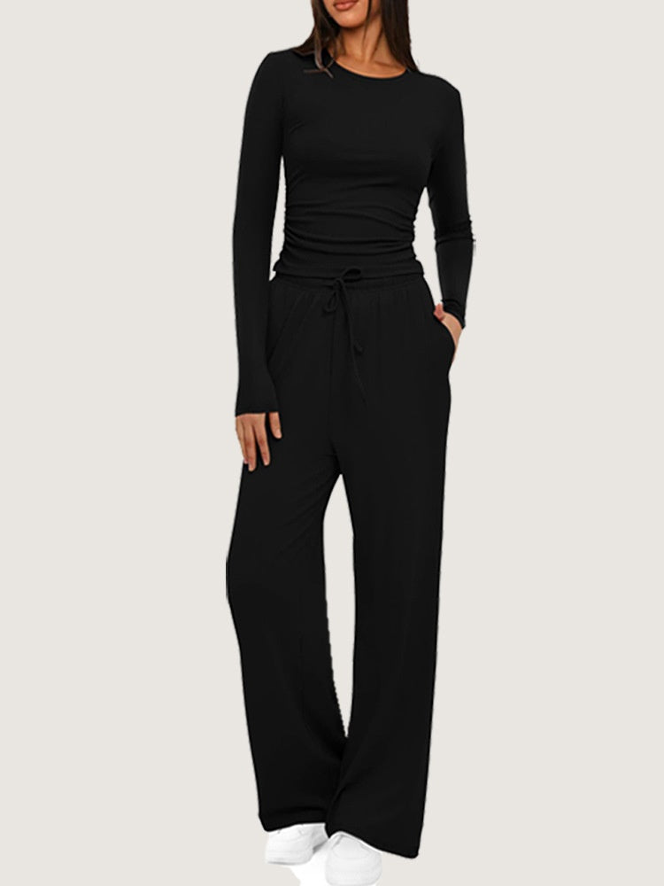 Ruched Long Sleeve Top &amp; Drawstring Wide Leg Pants Set