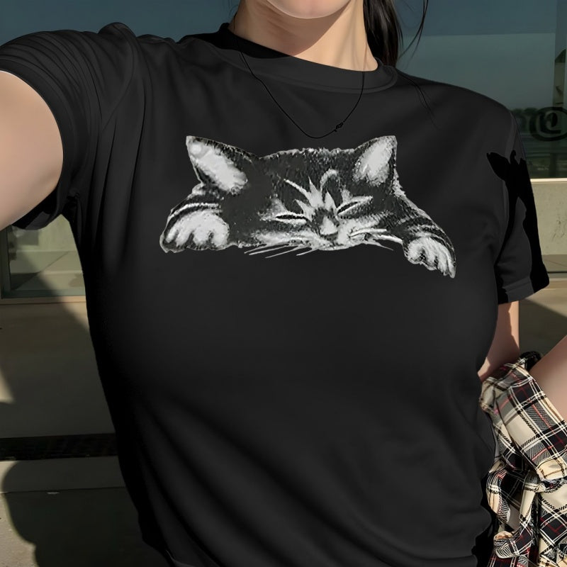 3D Cat Print Cotton Crew Neck T-Shirt - Casual Short Sleeve Tee