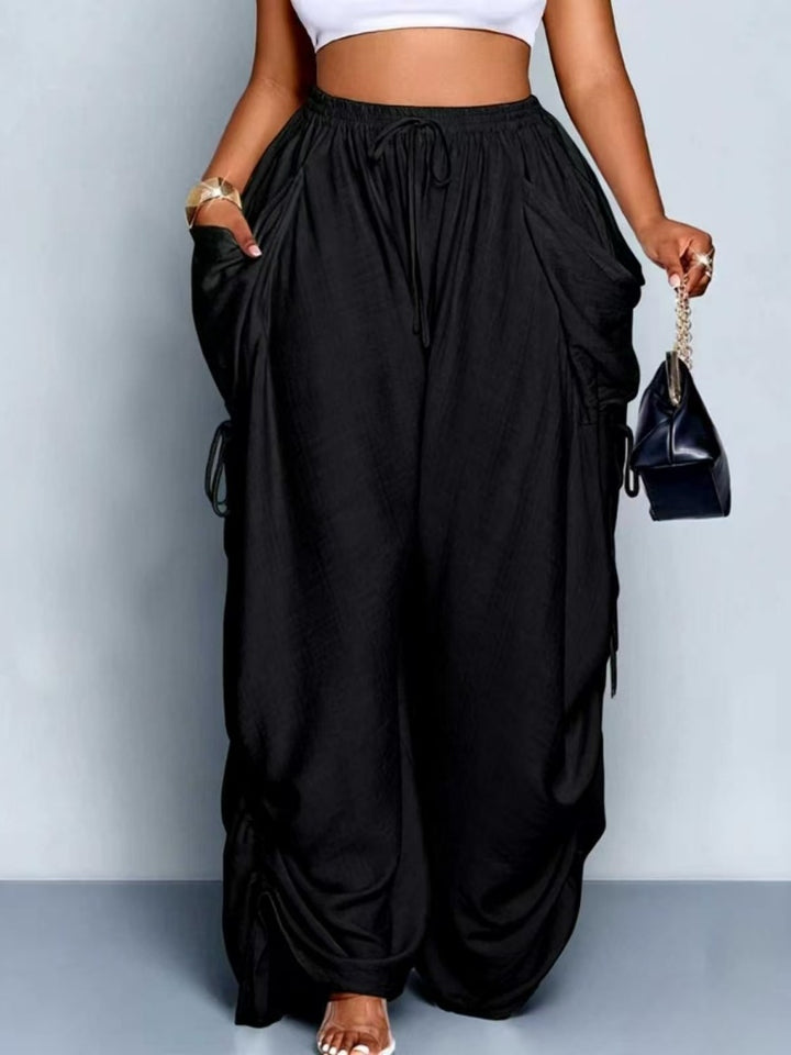 Plus Size Drawstring Ruched Wide Leg Cargo Pants with Pockets