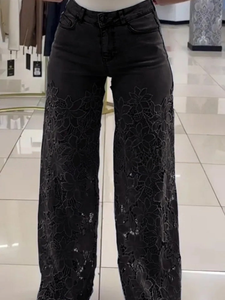 High Waisted Wide Leg Lace Panel Jeans