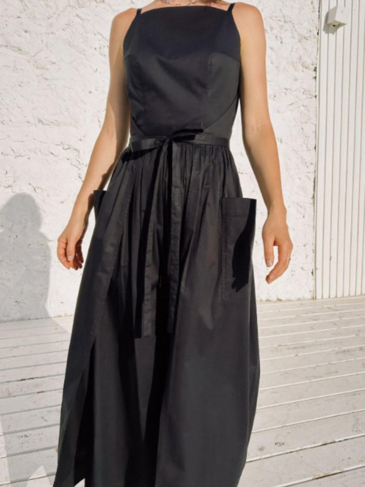 Square Neck Tie Waist Wide Leg Jumpsuit