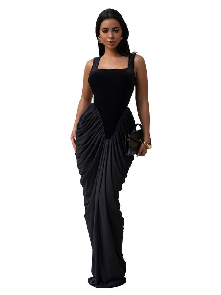 Square Neck Velvet Spliced Ruched Mermaid Maxi Dress