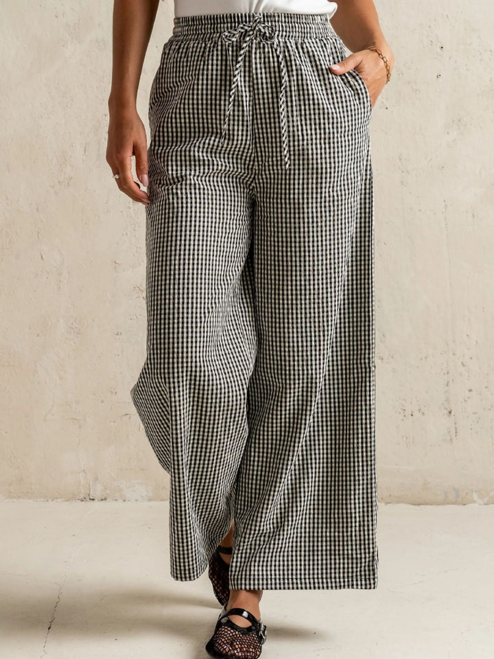 Gingham Drawstring Wide Leg Pants