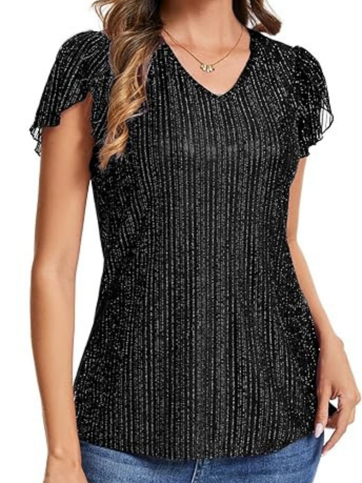 Shiny Pleated V-Neck Flutter Sleeve Top
