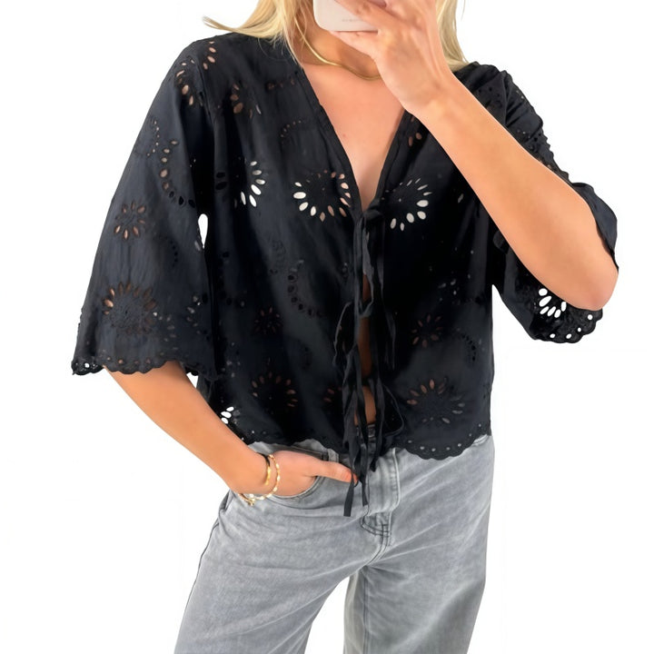Eyelet Embroidery Tie-Front Crop Blouse