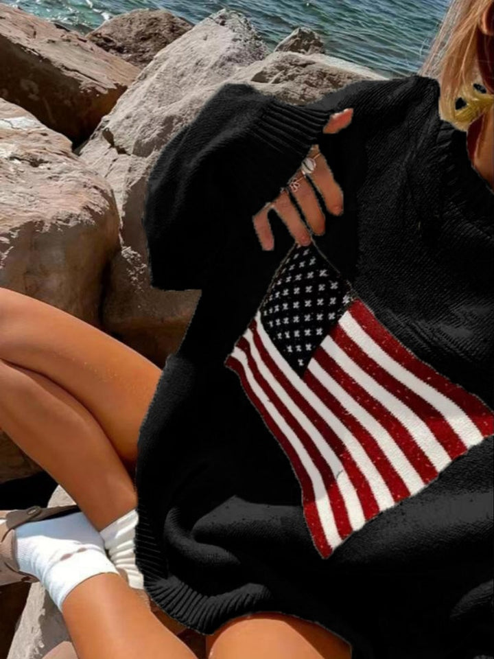 American Flag Oversized Knit Sweater - Soft Arctic Fleece Pullover