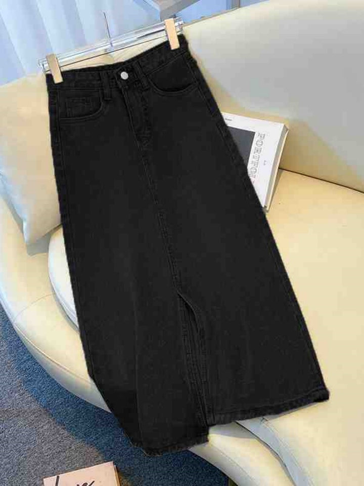 High Waisted Slit Denim Midi Skirt