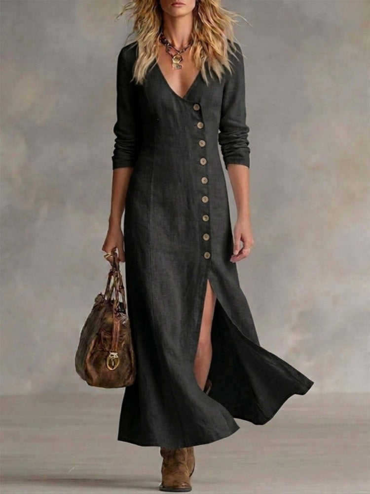 Linen-Blend Maxi Dress | V-Neck Long Sleeve Side Slit Button-Front Dress