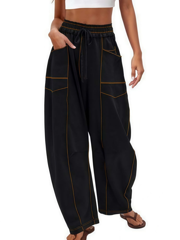 Elastic Waist Contrast Stitch Wide Leg Pants