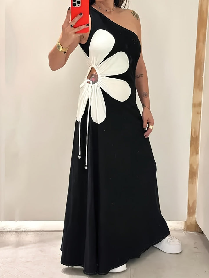 One Shoulder Flower Cutout Maxi Dress