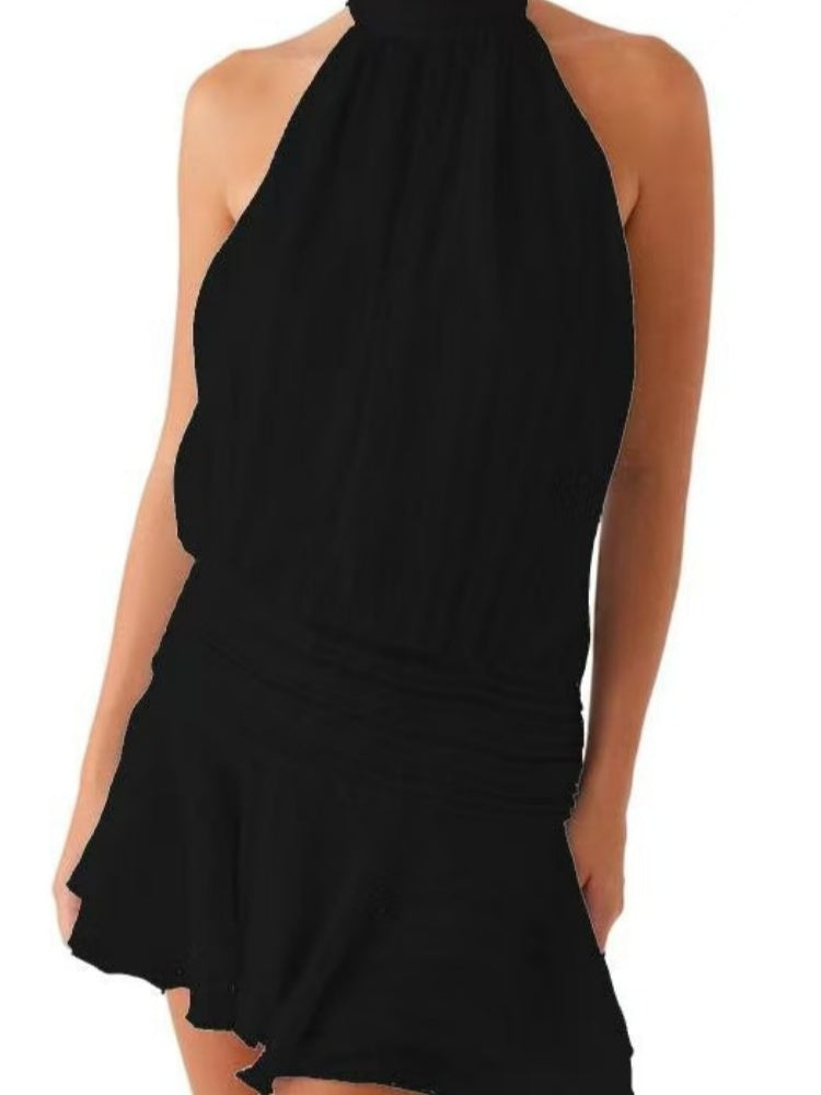 Pleated Halter Neck Ruffle Mini Dress