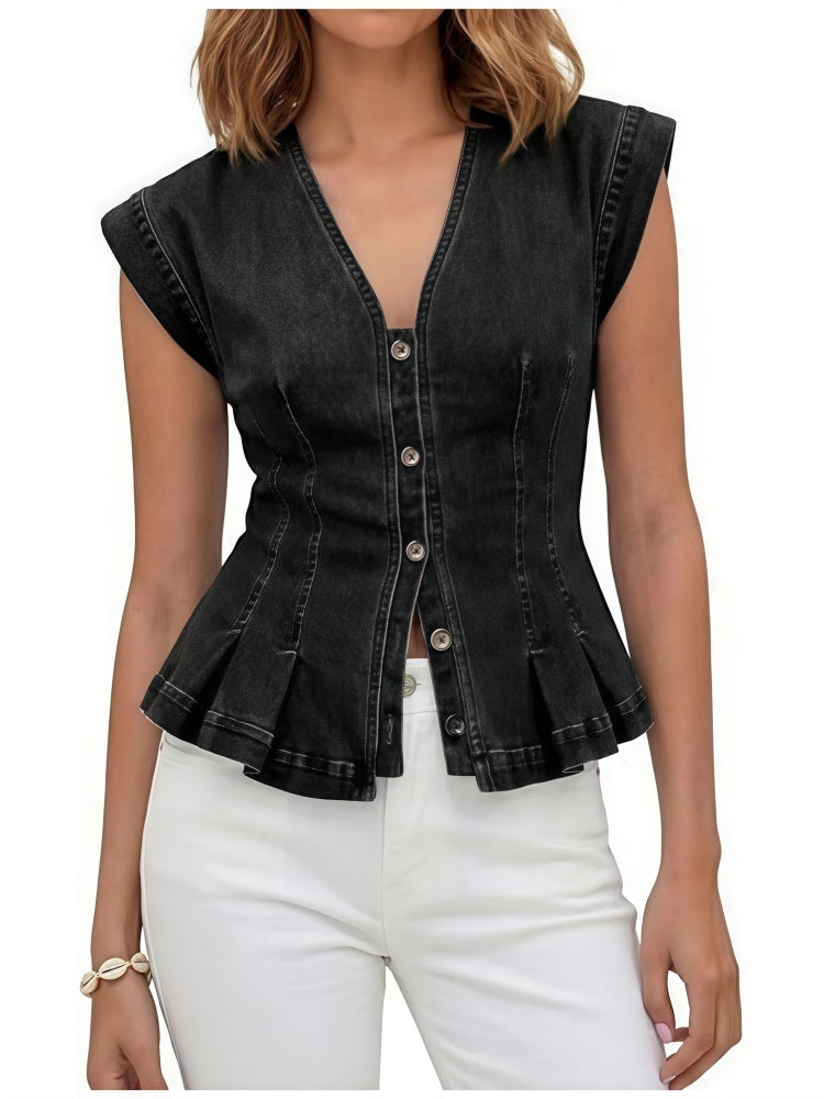 V-Neck Peplum Denim Vest - Sleeveless Button-Down Fitted Top