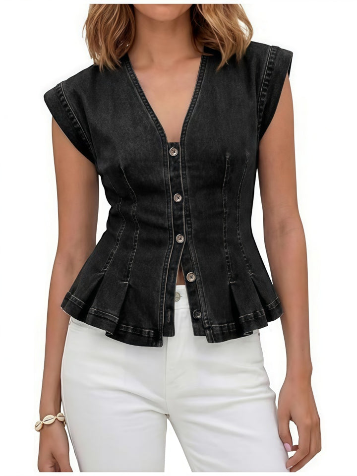 V-Neck Peplum Denim Vest - Sleeveless Button-Down Fitted Top
