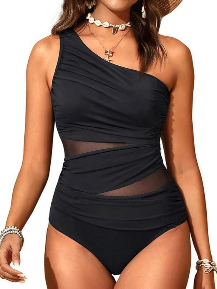 One Shoulder Mesh Ruched One Piece Swimsuit