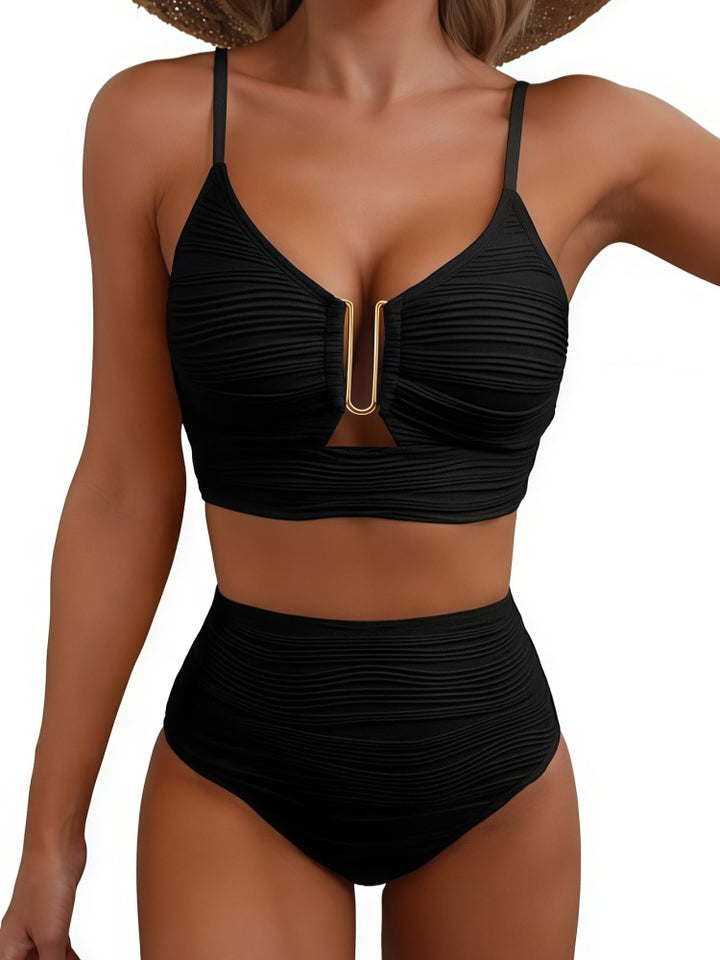 Ruched Textured Cutout High Waisted Bikini Set