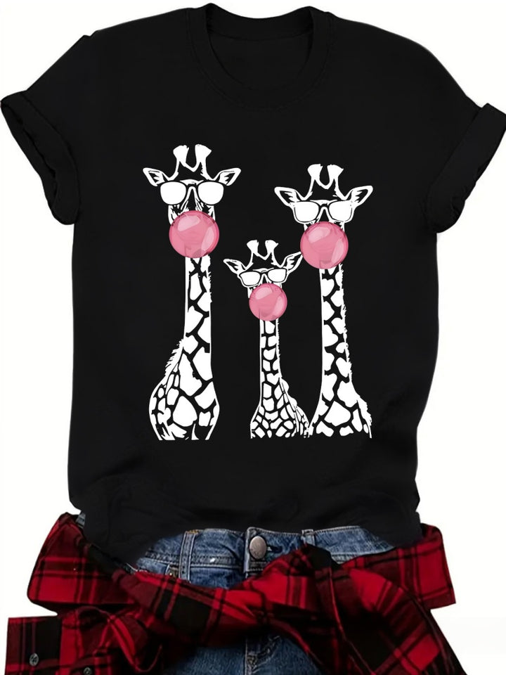 Funny Giraffe Family Bubblegum Print Crew Neck T-Shirt