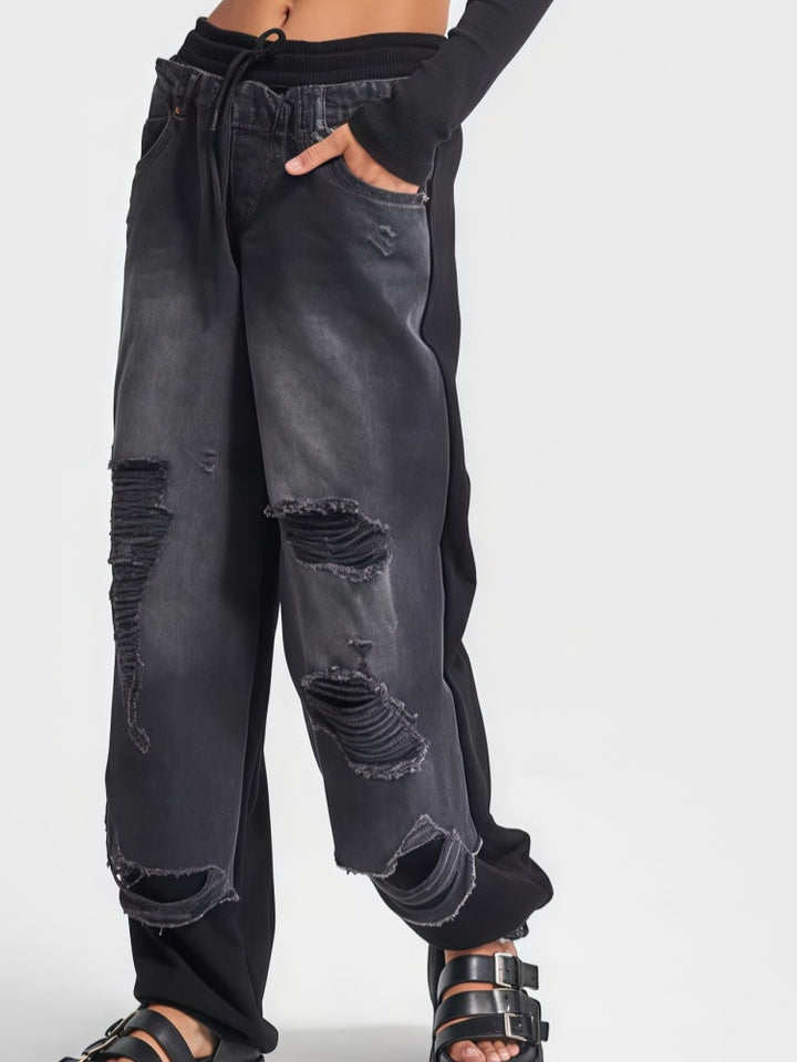 Ripped Contrast Panel Wide Leg Jeans