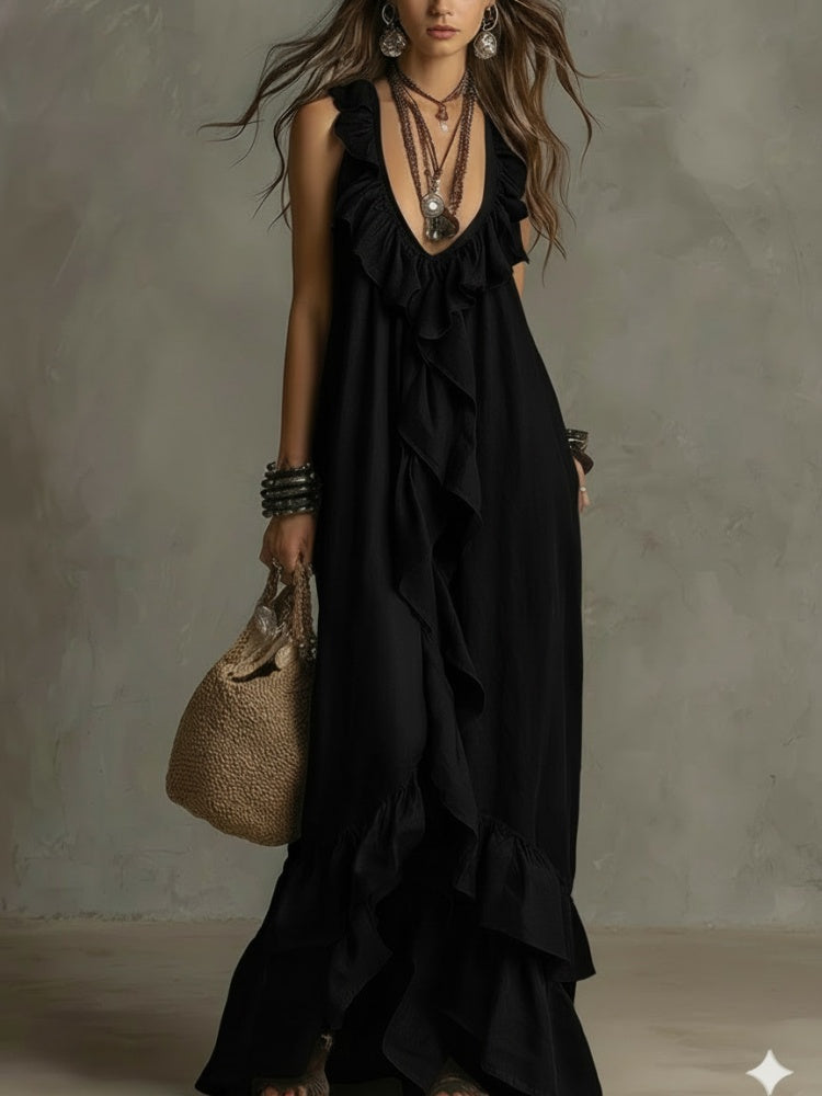 Boho Ruffled V-Neck Maxi Dress