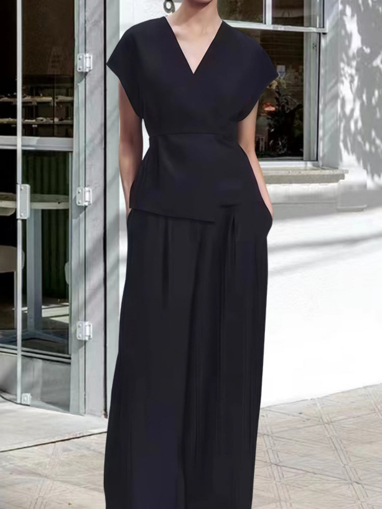 V-Neck Short Sleeve Wrap Tie Waist Top &amp; Wide Leg Pants Set