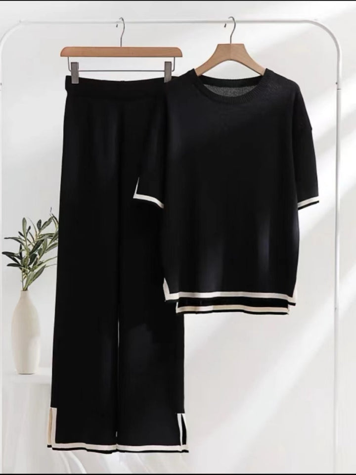 Contrast Trim Knit Short Sleeve Top &amp; Wide Leg Pants Set