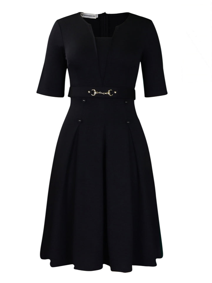 Gold Buckle Waist A-Line Work Dress
