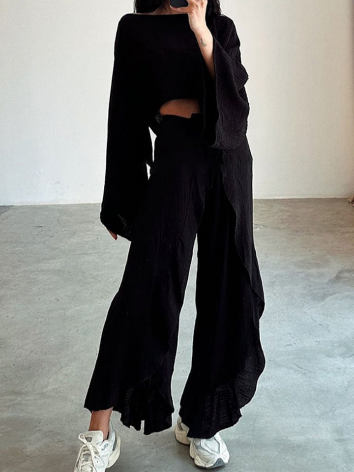 Crinkled Texture Long Sleeve Crop Top &amp; Wide Leg Pants Set