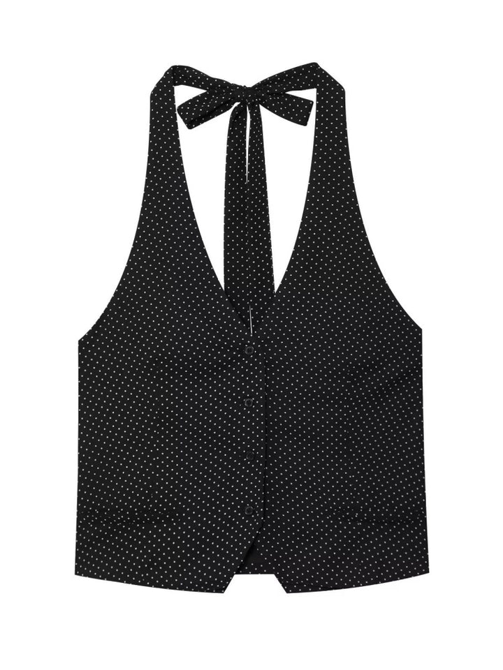 Polka Dot Halter Neck Button-Up Vest