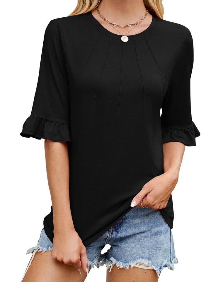 Pleated Ruffle Cuff Mid-Sleeve Blouse