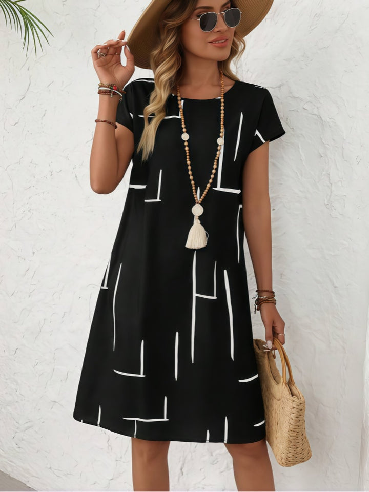 Geometric Line Print Short Sleeve Midi Dress