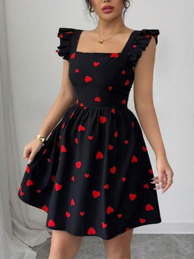 Square Neck Ruffled Sleeve Print Mini Dress