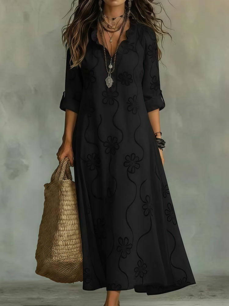 Ruffle V-Neck Floral Print Maxi Dress