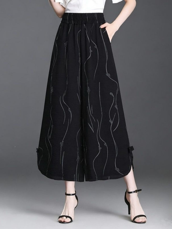 Elastic High Waist Abstract Line Print Cropped Wide Leg Culottes
