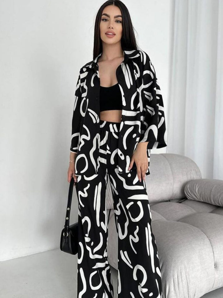 Printed Button-Up Shirt &amp; Wide Leg Pants Set