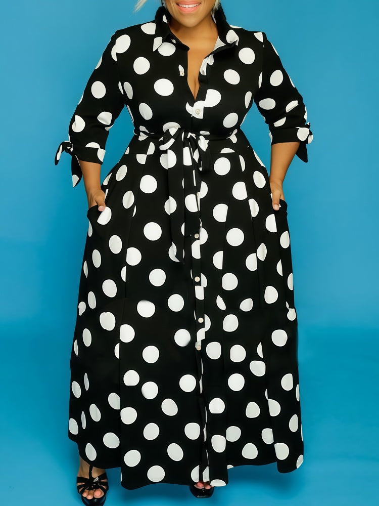 Polka Dot Tie Cuff Shirt Maxi Dress with Pockets
