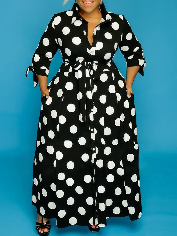 Polka Dot Tie Cuff Shirt Maxi Dress with Pockets