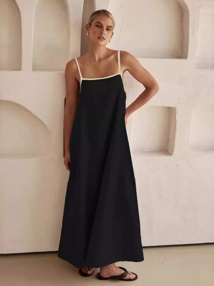 Contrast Trim Linen Blend Cami Maxi Dress