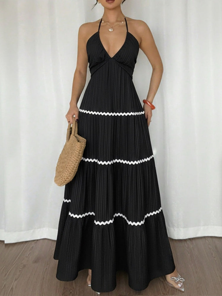 Black Halter Maxi Dress with White Zigzag Trim