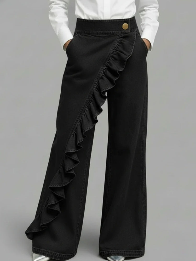 Ruffle Trim High Waist Wide Leg Jeans - Asymmetric Flared Denim Pants