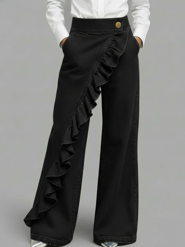 Ruffle Trim High Waist Wide Leg Jeans - Asymmetric Flared Denim Pants