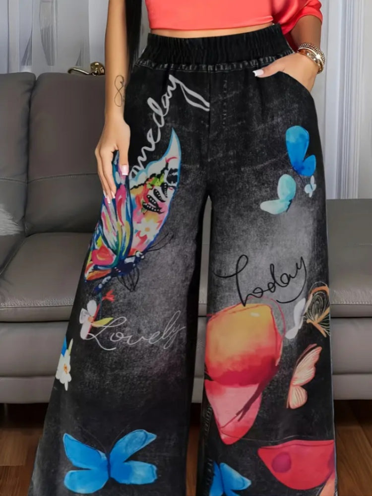 Butterfly Print Wide-Leg Pants | High-Waisted Elastic Waist Casual Trousers